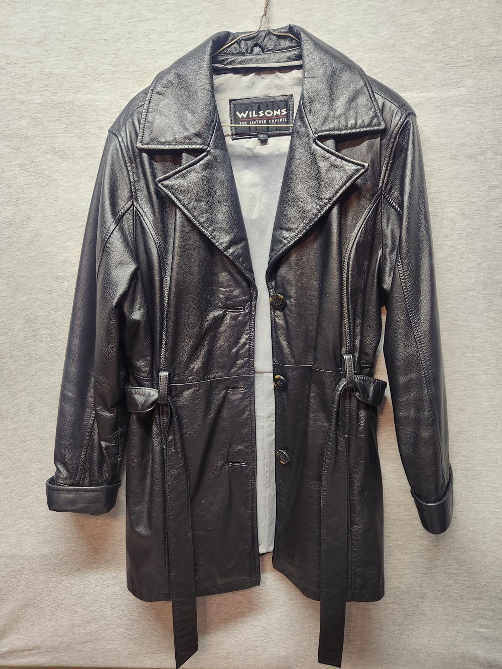 Wilson Black Leather Trench Coat with Waist Ties